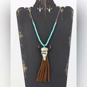 Steer Head & Fringe Boho Cowgirl Necklace & matching Earrings Set